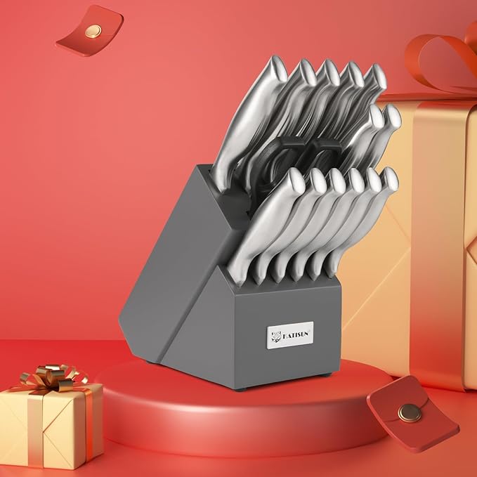 Kitchen Knife Set, 15 Pieces Knife Set with Block, Knives Set for Kitchen, Silver Hollow Ergonomic Handle for Chef Knife Set, Kitchen Shears,Black Knife Block Set