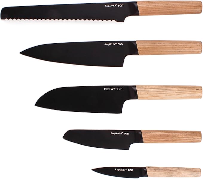 BergHOFF RON 5Pc Non-stick Knife Set With Wood Block Titanium PVD Coating Sharp & Well Balanced Seamless Transition Ash Wood Handle Anti-skid Base