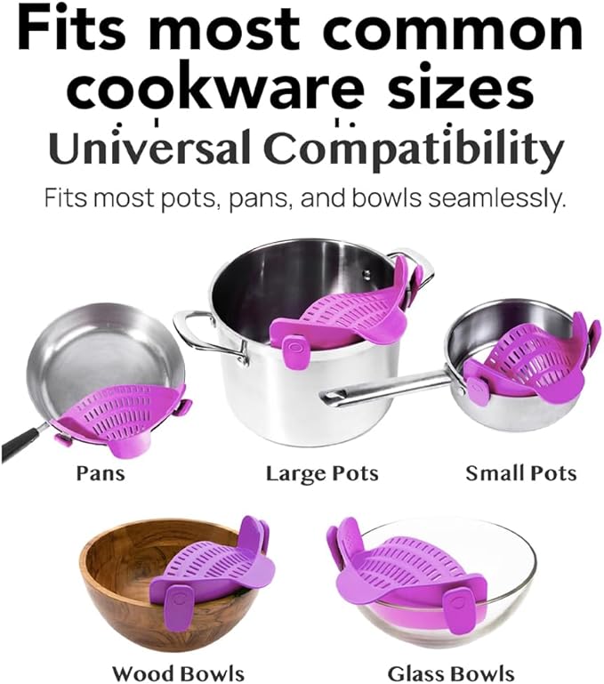 Clip‑On Pot Strainer Silicone Gray and Purple Dishwasher‑Safe Side‑Mount Design 9.4×4.6×2.5 Inches | Snap Drain Colander for Pans Bowls Skillets | Heat‑Resistant Kitchen Gadget Splash‑Guard