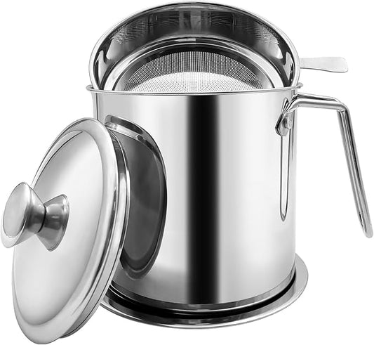 Bacon Grease Container With Strainer, 1.3L Grease Strainer and Container with Dust-Proof Lid, 304 Stainless Steel Oil Filter Storage with Fine Mesh 1.3L
