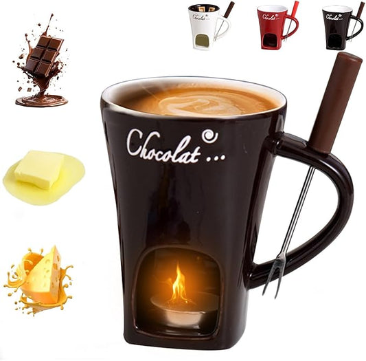 Chocolate Fondue Mug with Fork, Chocolate Fondue Cup, Personal Chocolate Melting Cup for Cheese, Ceramic Chocolate Melting Cup, Chocolate Melting Mug For Date Night Birthday Wedding Gifts (Brown)