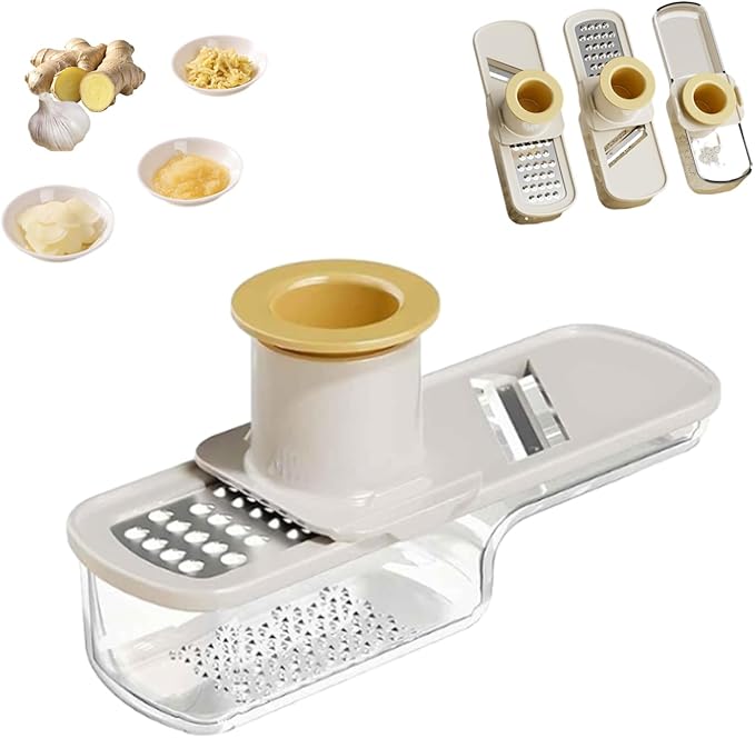 Multifunctional Garlic Grinder, Mini Garlic Slicer, Vegetable Cutter with Container, For Easy Slicing and Grinding, Shredding & MincingGarlic, Ginger & Vegetables (Beige)