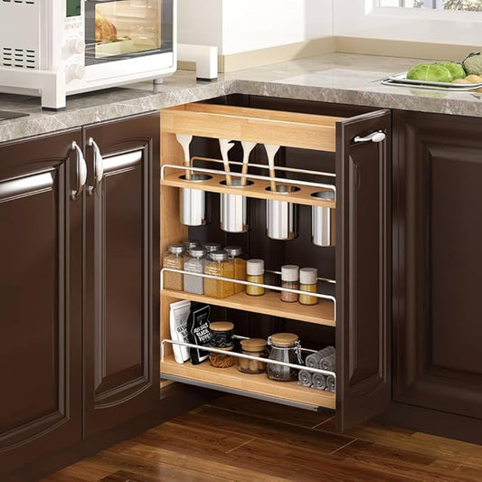 OCG 5" Pull-Out Solid Wood Storage Organizer for Base Cabinets, Soft Close 3 Tier Narrow Pull-out Wooden Storage Rack for Spices, Utensils, and Kitchen Tools