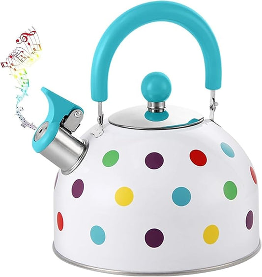 Whistling Polka Dot Tea Kettle, Food Grade Stainless Steel Teapot for Stove Top Loud Whistle Kettle for Tea, Coffee, Milk
