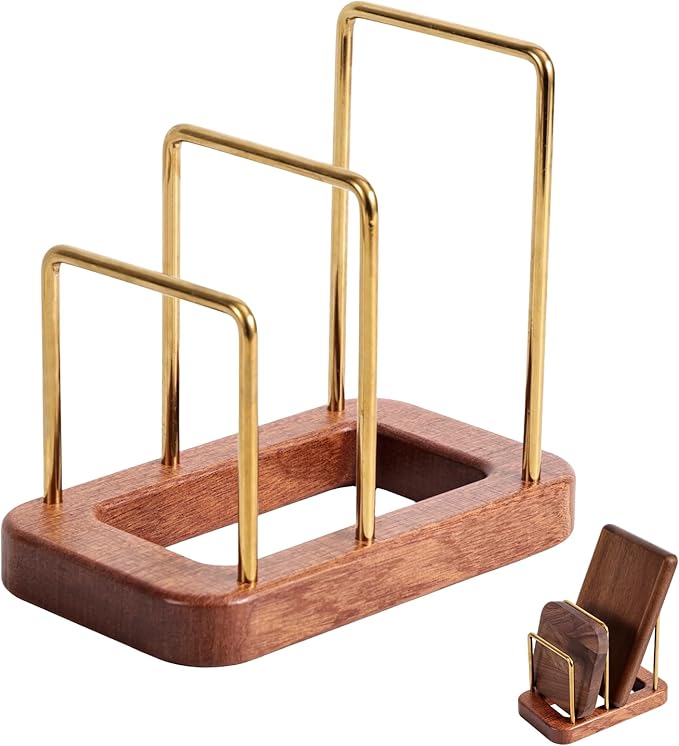 Chopping Board Holder, Cutting Board Rack with Wooden Base Multi-Tiered Pot Lids Storage Rack Plates Organizer Cabinet Storage Divider Accessory for Kitchen Countertops