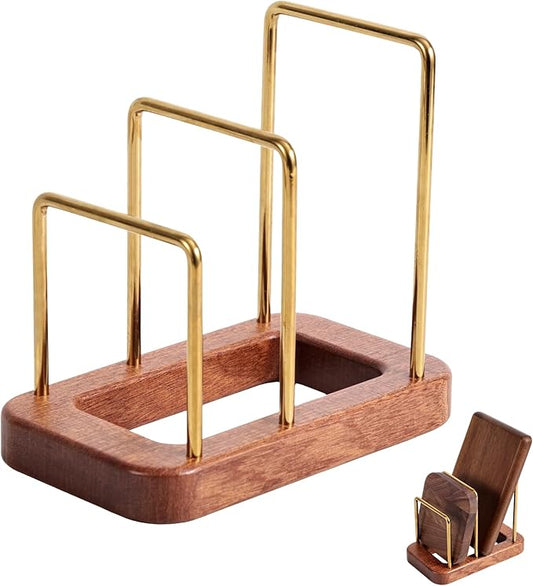 Chopping Board Holder, Cutting Board Rack with Wooden Base Multi-Tiered Pot Lids Storage Rack Plates Organizer Cabinet Storage Divider Accessory for Kitchen Countertops