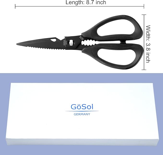 Kitchen Shears Kitchen Scissors Come Apart with Serrated Blade Premium Black Titanium Plated Stainless Steel Kitch Scissors for Food Heavy Duty Chicken Bone Nutcracker Bottle Can Opener 01A