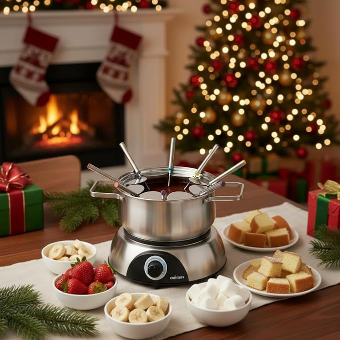 CUSIMAX Electric Fondue Set, 1500W Electric Fondue Pot with Luminous Control Dial, 8 Colour Coded Stainless Steel Forks, For Chocolate, Cheese, Broth, Oil, Stainless Steel Fondue Maker, 1.4Quart