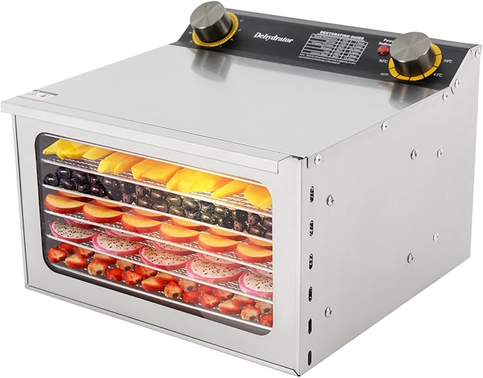 110V/60Hz Stainless Steel Food Drying Machine, 400W Silver Food Drying Machine for Home Use Countertop Food Dehydrator Modern Rectangular Temperature Range 30-90℃/86-194℉ 6 Grid Tray