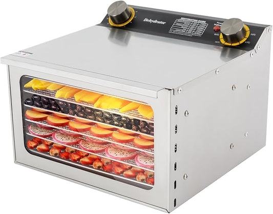 110V/60Hz Stainless Steel Food Drying Machine, 400W Silver Food Drying Machine for Home Use Countertop Food Dehydrator Modern Rectangular Temperature Range 30-90℃/86-194℉ 6 Grid Tray