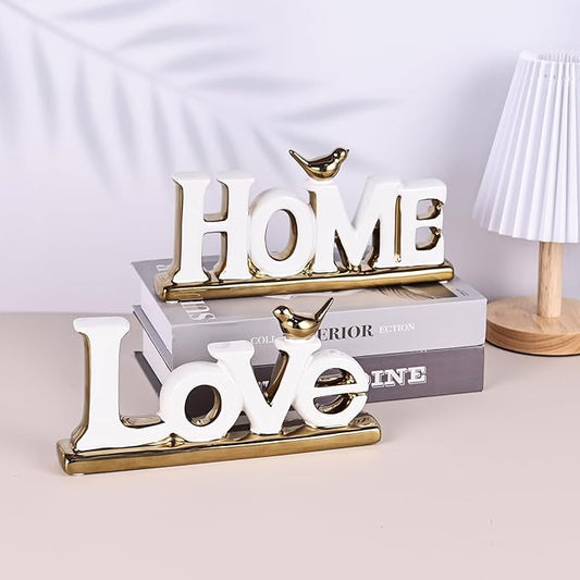 Love Sign Decor,White and Gold Room Decor Aesthetic, Knick Knack Shelf,Gold Bird Decor, Boho Bookshelf ,Abstract Gold Statue ,For Living Room,Bedroom, Contemporary Tv Stand set of 2 (2, White)