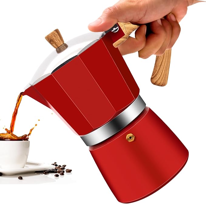 Vaolvpant 3 Cup Aluminum Moka Pot Classic Stovetop Espresso Coffee Maker 150ml 5oz Coffeemaker Percolator Mocha Pot Greca Coffee Maker Cafe Makers for Italian and Cuban Café Brewing Red