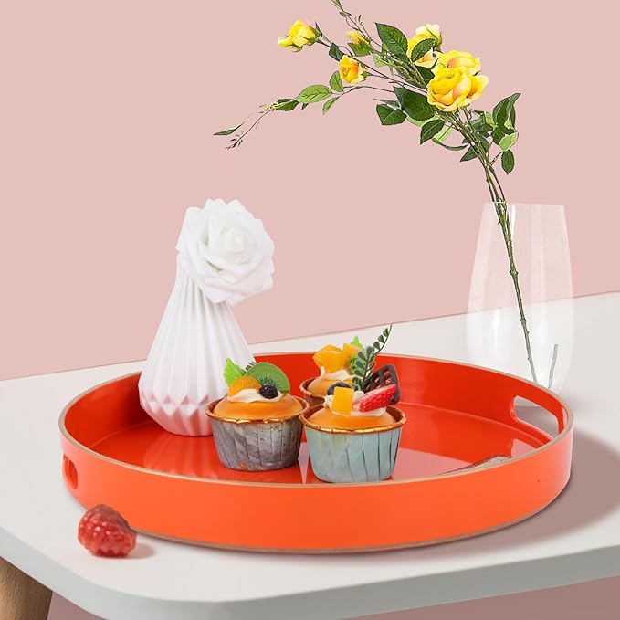 Sturdy Acrylic Serving Tray with Handles-13Inch, Morden Plastic Round Serving Tray for Coffee Table Bathroom, Ottoman, Home Decor (Round - Pink) (Orange, 13" x 13" x 1.4")