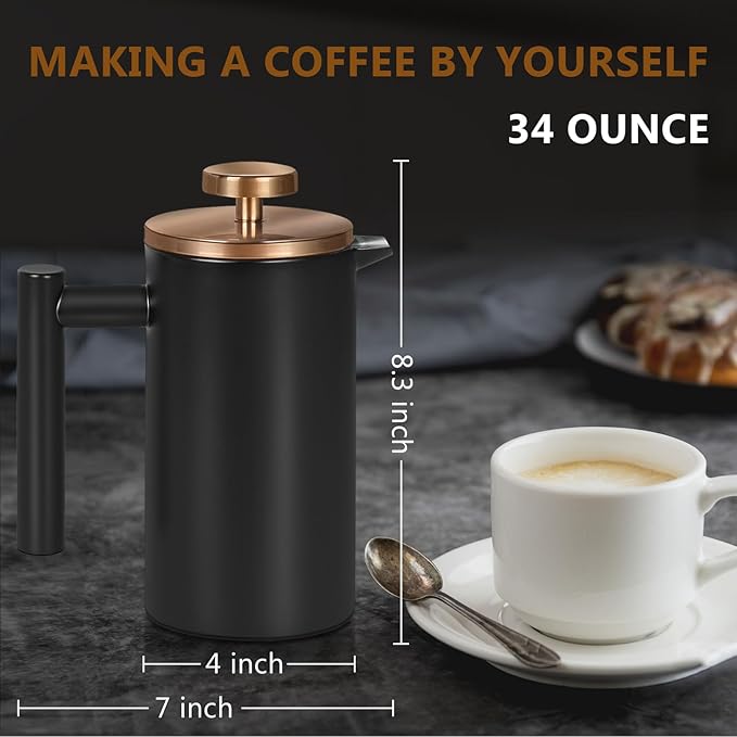 WORBIC Black Stainless Steel French Press Coffee Maker, Double Wall Insulated French Press,for Coffee&Tea,with 3 Extra Screens and a Coffee Spoon,34oz/1000ml,Gold