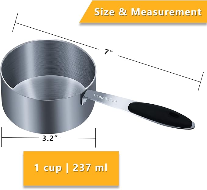 1PCS 1Cup (237ml, 8oz) Single Measuring Cup with Black Silicone Grip, Stainless Steel Individual Measure Scoop Only