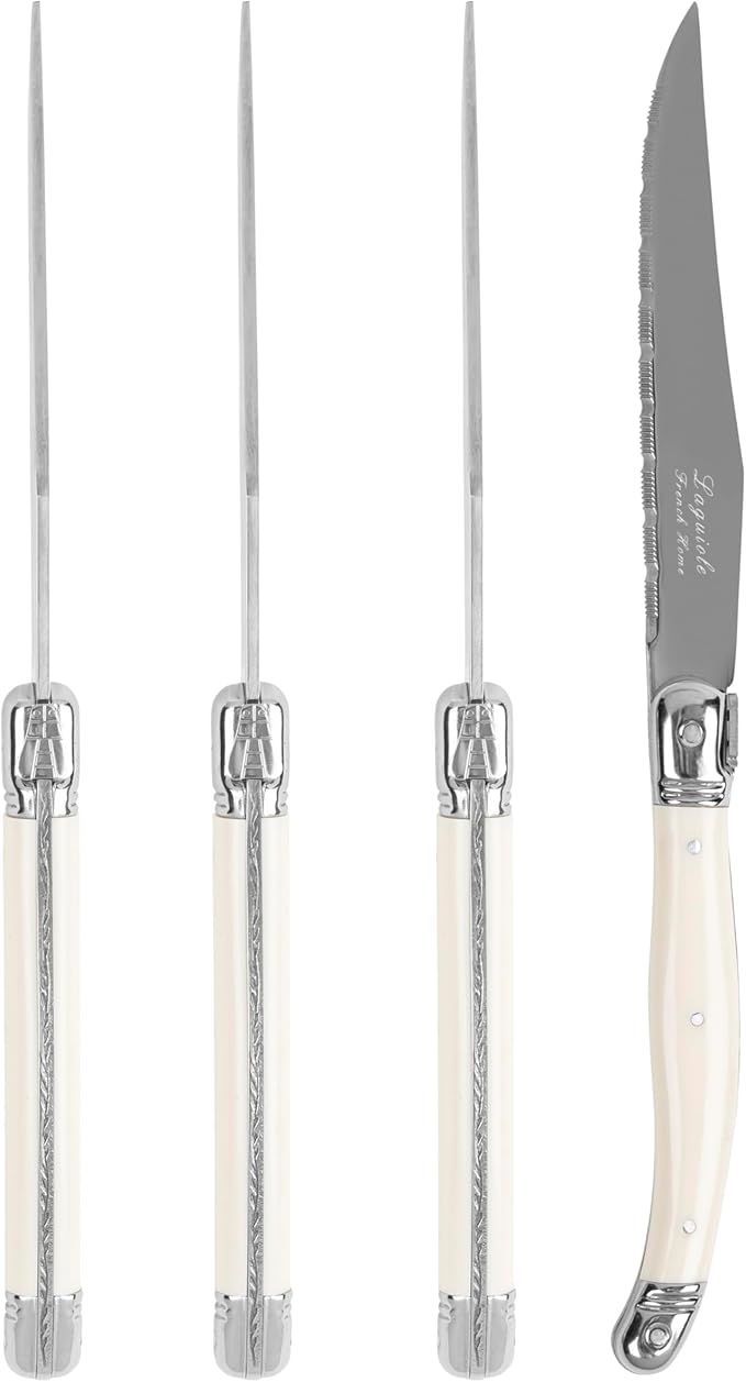 French Home Laguiole Connoisseur 4-Piece Steak Knife Set – Stainless Steel with Ivory-Colored Handles, Etched Detailing & Napoleon Bee Emblem – Serrated Knives for Smooth Cutting (9.25")