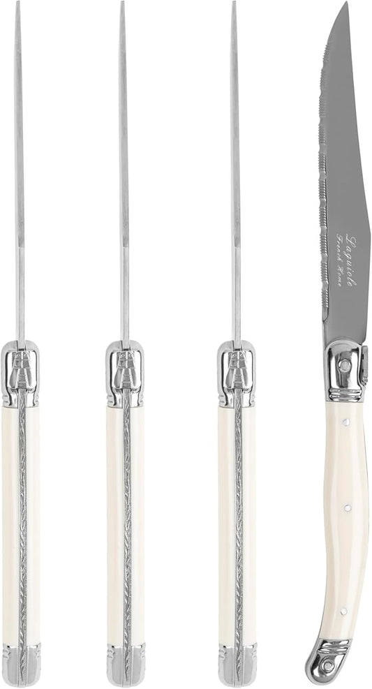 French Home Laguiole Connoisseur 4-Piece Steak Knife Set – Stainless Steel with Ivory-Colored Handles, Etched Detailing & Napoleon Bee Emblem – Serrated Knives for Smooth Cutting (9.25")