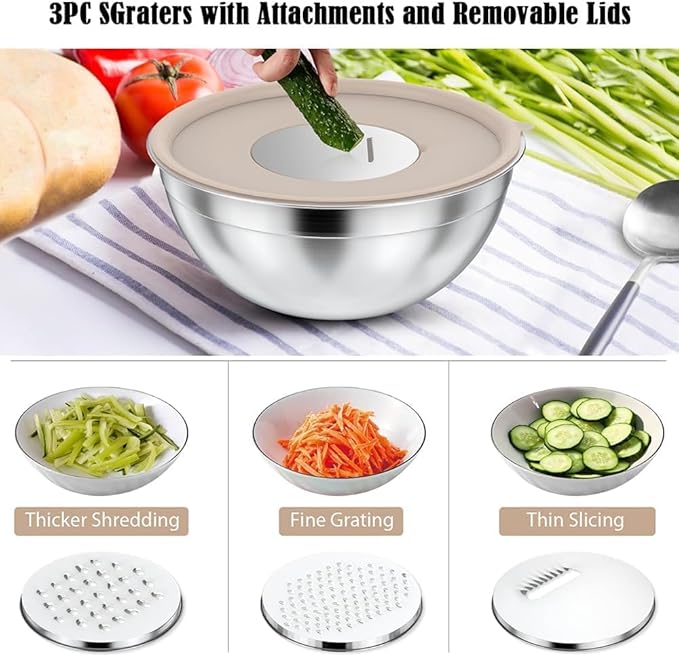 Thsinde Stainless Steel Mixing Bowls with Lids, 6-Piece Set (7 to 1-QT) Non-Slip Colorful Bottoms for Mixing, Serving & Food Prep
