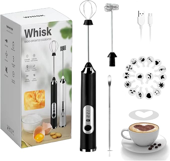 JrundMsoxz Rechargeable Milk Frother, 3-Speed Electric Handheld Frother with 2 Whisks and Coffee Decoration Tool, Stand-up Design, for Cream, Latte, Cappuccino (Black)