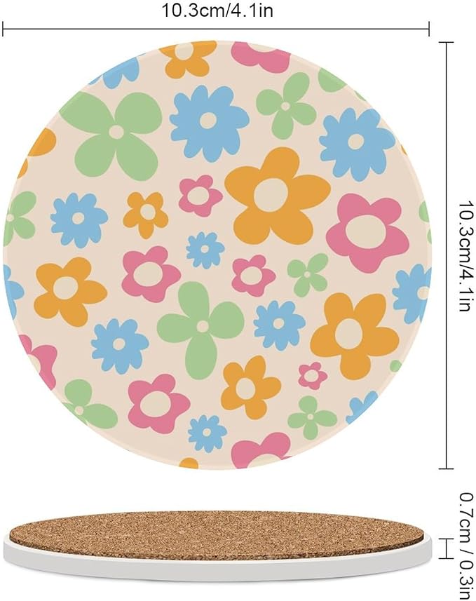 Floral Drink Coasters, Round Ceramic Drink Coaster Round-6PCS, Cartoon 70s Cute Flower Abstract Pastel Daisy Floral Decor Absorbent Ceramic Coasters for Beverage Cup, Bar, Coffee Table
