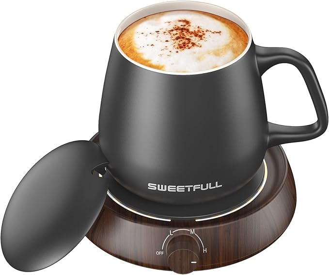 SWEETFULL Mug Warmer for Coffee and Tea Coffee Mug Warmer Set W/Mug and Lid Coffee Warmer As Coffee Gifts for Desk Office Coffee Lovers. （20W Cup Warmer Candle Warmer Auto Shut Off） (Wood Grain)