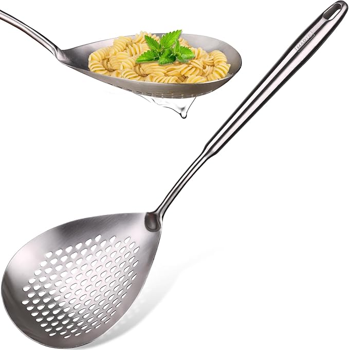 MARTE Skimmer Slotted Spoon, 304 Stainless Steel Pasta Spider Strainer Ladle Skimmer Spoon - Kitchen Cooking Colander Spider Strainer Spoon with Long Handle for Cooking, Draining, Frying, 14.8 Inch