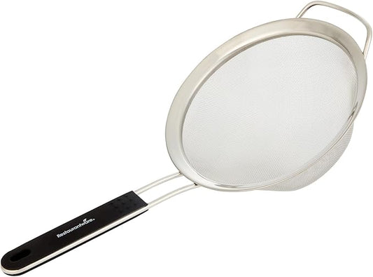 Restaurantware Fine Mesh Strainer 1 Count 14.4" x 7" x 2.9" with Silicone Handle Stainless Steel Extra Fine Mesh Strainer Heat-Resistant Handle Dishwasher-Safe for Rice, Quinoa, Pasta
