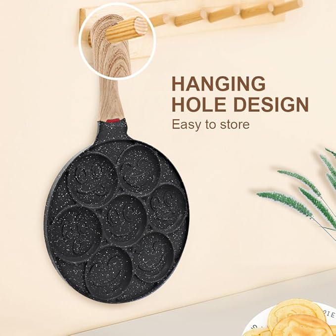 Nonstick Pancake Pan, Smiley Face Pancake Frying Pan, 7 Holes Mini Pancake Maker for Kids 10.4 in, Gas only - Black