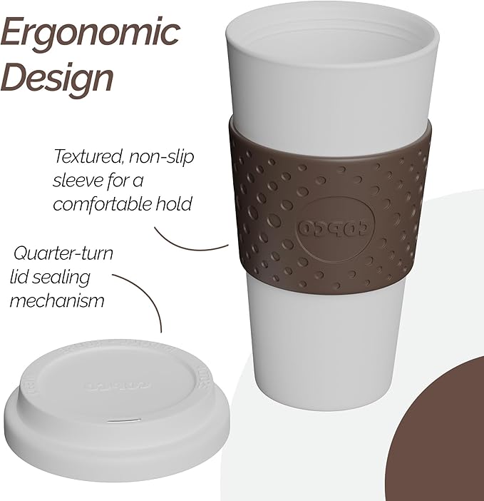Copco Acadia 16 oz Reusable To-Go Travel Mug - BPA-Free Insulated Coffee Cup with Double-Wall Insulation, Spill-Proof Lid & Non-Slip Rubber Grip - Microwave & Dishwasher Safe (White/Brown)