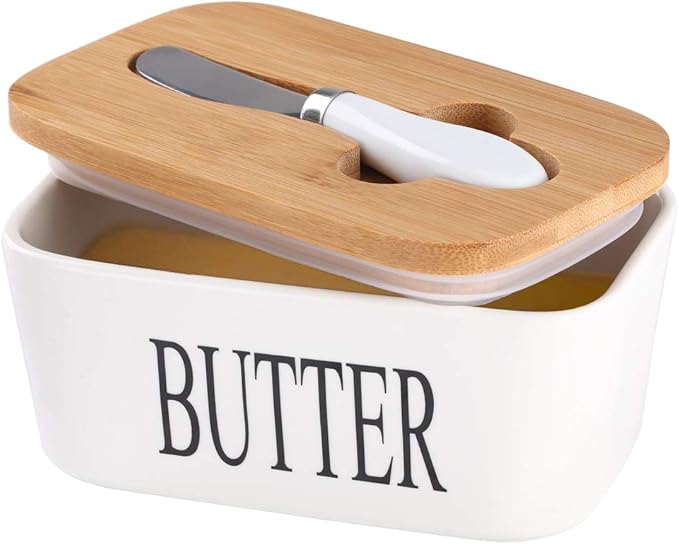 Ceramic Butter Dish with Wooden Lid, Large Butters Container Keeper Storage with Stainless Steel Knife Spreader, Bamboo Cover and Silicone Sealing Ring for West East Coast, White