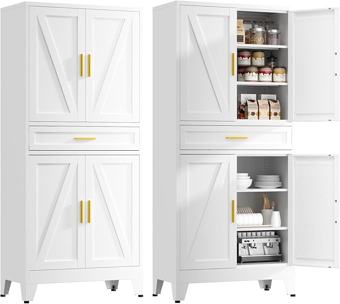 71" Tall Kitchen Pantry Cabinet,Farmhouse Pantry Cabinet,Metal Cabinet with Adjustable Shelves and Drawer,Storage Cabinet for Kitchen Dining Room Garage,White