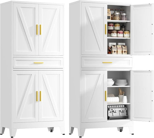 71" Tall Kitchen Pantry Cabinet,Farmhouse Pantry Cabinet,Metal Cabinet with Adjustable Shelves and Drawer,Storage Cabinet for Kitchen Dining Room Garage,White