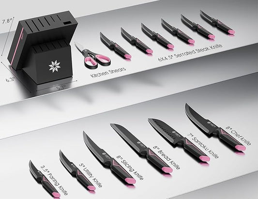 Knife Set - 15 PCS Kitchen Knife Set with Built-in Knife Sharpener Block - Stainless Steel Knife Block Set - Dishwasher Safe, Elegant Box for Men Women, Pink