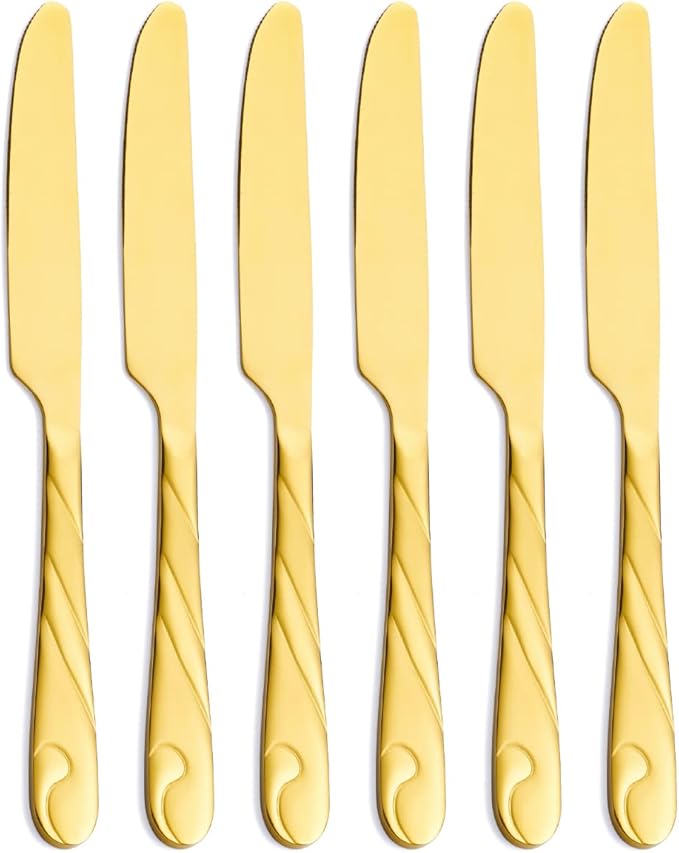 Gold Dinner Knife Set, 9.2-inch Stainless Steel Shiny Gold Dinner Table Knife Silverware, Set of 6