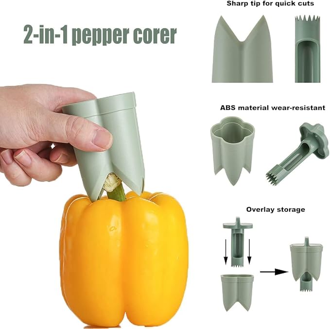 Pepper Corer Seed Remover, Pepper Seed Corer Remover Tool, Bell Pepper Core Cutter Deseeder, 2 in 1 Fruit & Vegetable Core Tools for Kitchen Family Camping BBQ