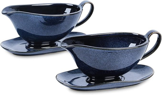 Vicrays Gravy Boat with Saucer - Large 17oz Ceramic Sauce Boat with Tray Set of 2 for Turkey Salad Dressings Creamer Milk Broth - Thanksgiving Christmas Holiday Serving Dishes - Blue