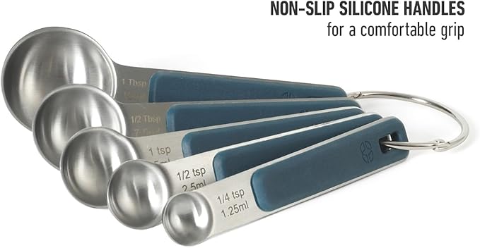 Calphalon Prime 5 Piece Stainless Steel Measuring Spoons W/Navy Blue Silicone Handles