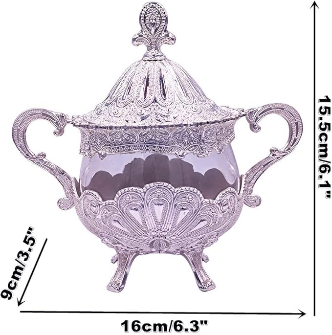 Hourwof Sugar Bowl with Lid and Spoon for Kitchen Coffee Bar and Wedding Party,Metal and Glass Sugar Container for Sugar Cube and Powder Sugar,Spice Condiment Container,Salt Server,Silver