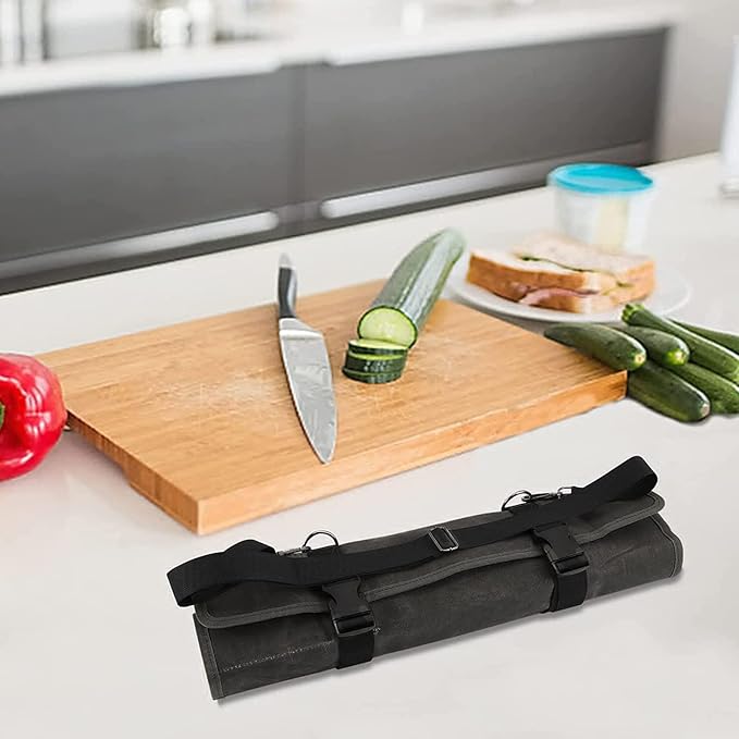 Chef’s Knife Roll Bag,Waxed Canvas Knife Cultery Carrier, Portable Chef Knife Cases,Knife Pouch Holders With 10 Slots Plus 1 Zipper Pockets Can Hold Home Kitchen Knife Tools Up To 18.8”