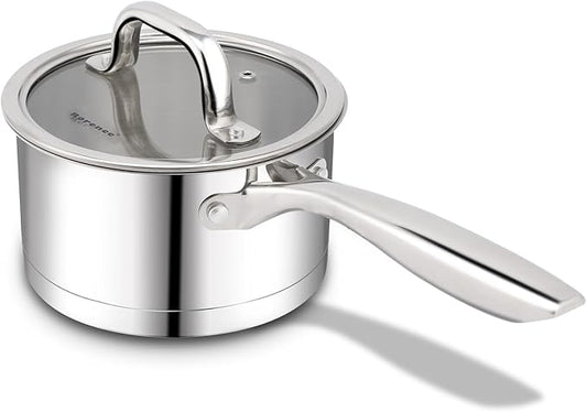 Rorence 2.5 QT Stainless Steel Saucepan, Sauce Pan with Clear Transparent Tempered Glass Lid for Sauce Gravy Pasta Vegetable, Induction Small Cooking Pot for All Stoves, Oven & Dishwasher Safe