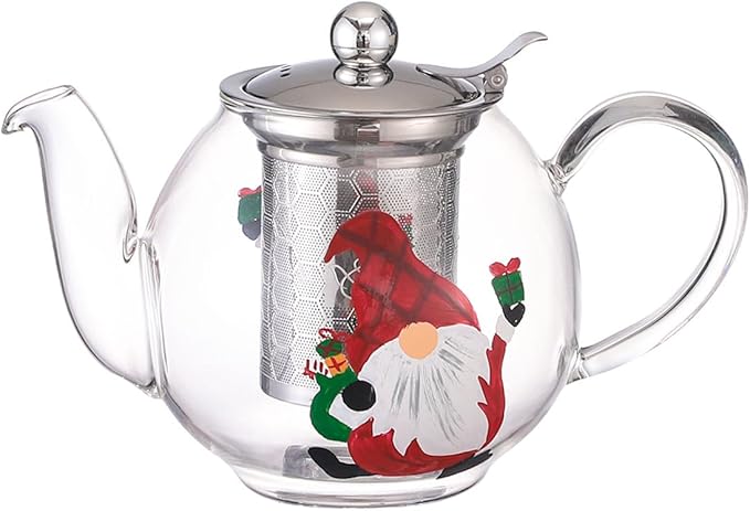 1000ml/35oz Hand Painted Pattern Glass Teapot For Stovetop,Tea Pot For Loose Tea,Glass Tea Kettle With Infuser (Red Hat Santa)