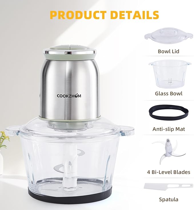 COOKZHOM Food Processor 8 Cup, 500W Electric Food Chopper,Meat Grinder with Glass Bowl and 2 Sharp Blades Set for Vegetable, Meat, Nuts, Functions for Chopping, Dicing, Mixing and Puree