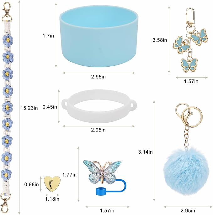Accessories Set Including Water Bottle Handle Strap, Silicone Boot, Resin Butterfly Straw Cover, Straw Topper, Lip Balm Sleeve, Butterfly & Hairball Charms for Stanley Cup Tumbler