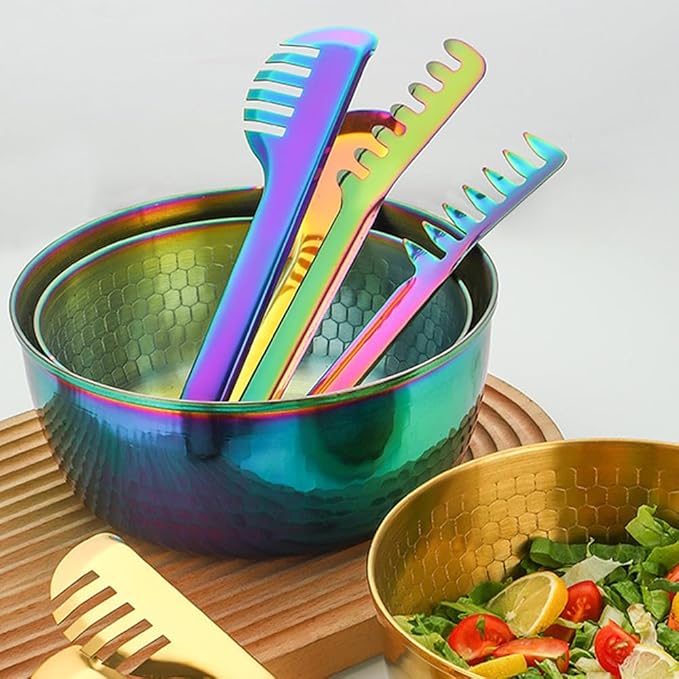 Stainless Steel Mixing Bowls with Food Tongs Set, Meal Prep Metal Mixing Bowls For Home, Refrigerator,and Kitchen Food Storage Organizers - Rainbow