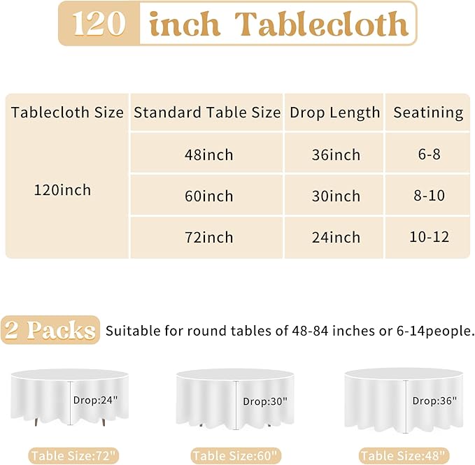 HAISIWLKJ 2 Pack 120 Inch Black Round Tablecloth for Round Table Washable Reusable Outdoor Polyester Fabric Decorative Table Cover for Dining, Buffet, Camping, Baby Shower, Party