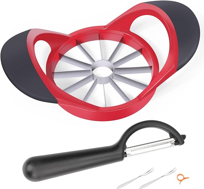 4.72 Inch 12 Super Sharp Stainless Steel Blades Apple Slicer, Corer and Divider, 1 Super Sharp Peeler, 2 Fruit Forks and 1 Orange Citrus Peeler Tool, Red
