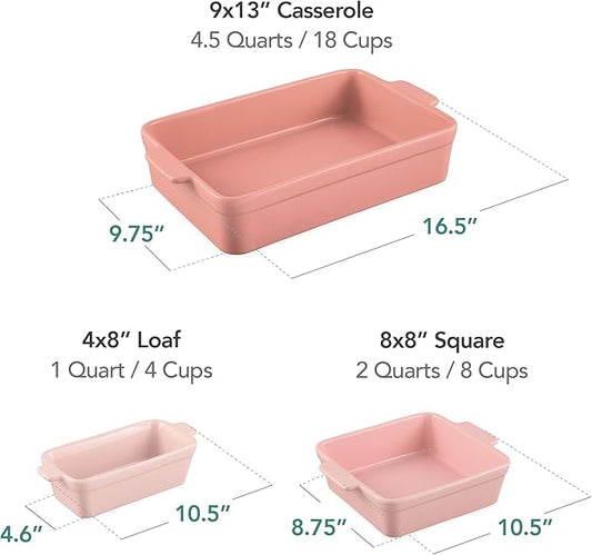 Best Choice Products 3-Piece Ceramic Bakeware Set, Stoneware Baking Dishes, Porcelain Casserole Bakeware Dishes, Serving Dishes - 9x12 Casserole, Loaf Pan, 8x8 Baking Dish - Pink Champagne
