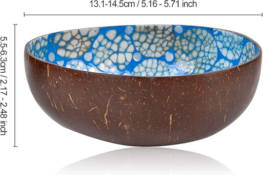 ChezMax Natural Coconut Bowl with Mother of Pearl Inlaid Shell - Handcrafted Home Decoration, Entryway Table Key Bowl or Candy Container, Fruit and Nuts Holder (Blue)