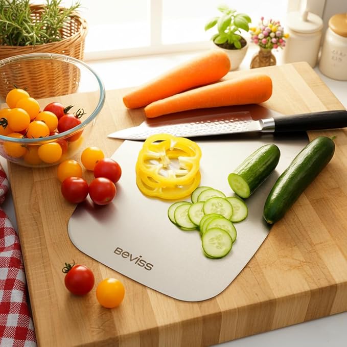 Beviss Cutting Board Set of 2, 100% Pure 18/8 Stainless Steel Cutting Board Double Sided, Chopping Board for Kitchen, Dishwasher Safe Chopping Board for Meat, Vegetables or Fruit, S+M