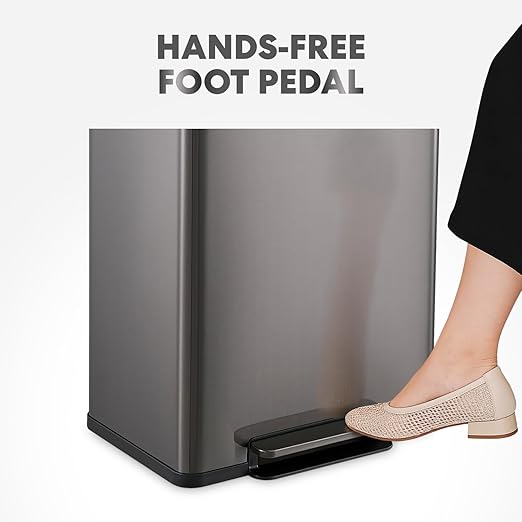 Simpli-Magic Infinity Edge 60 Liter / 16 Gallon Rectangular Hands-Free Extra Large Kitchen Step Trash Can, Soft-Close Single Lid Recycling Bin, Stainless Steel, Black, 79679